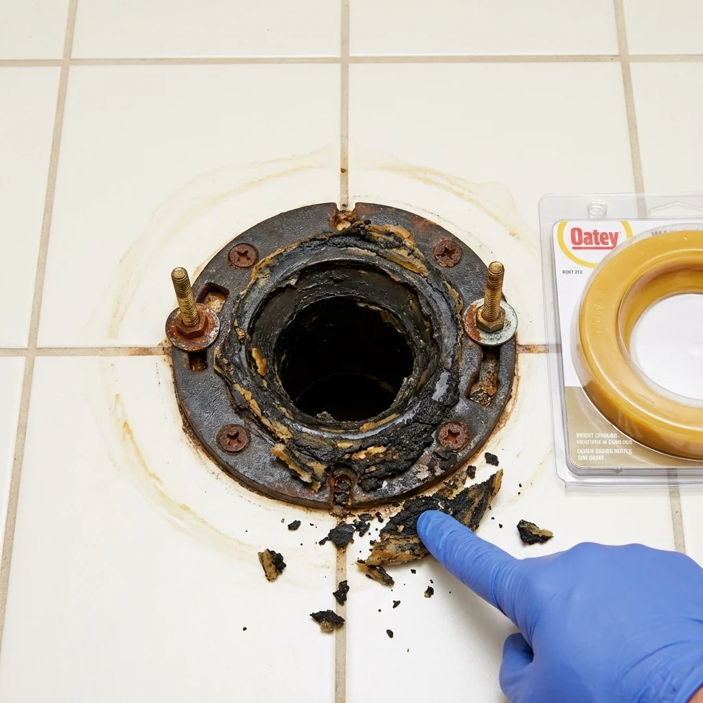 Failed wax ring showing water seepage at the base of a toilet in a Lake City, SC home