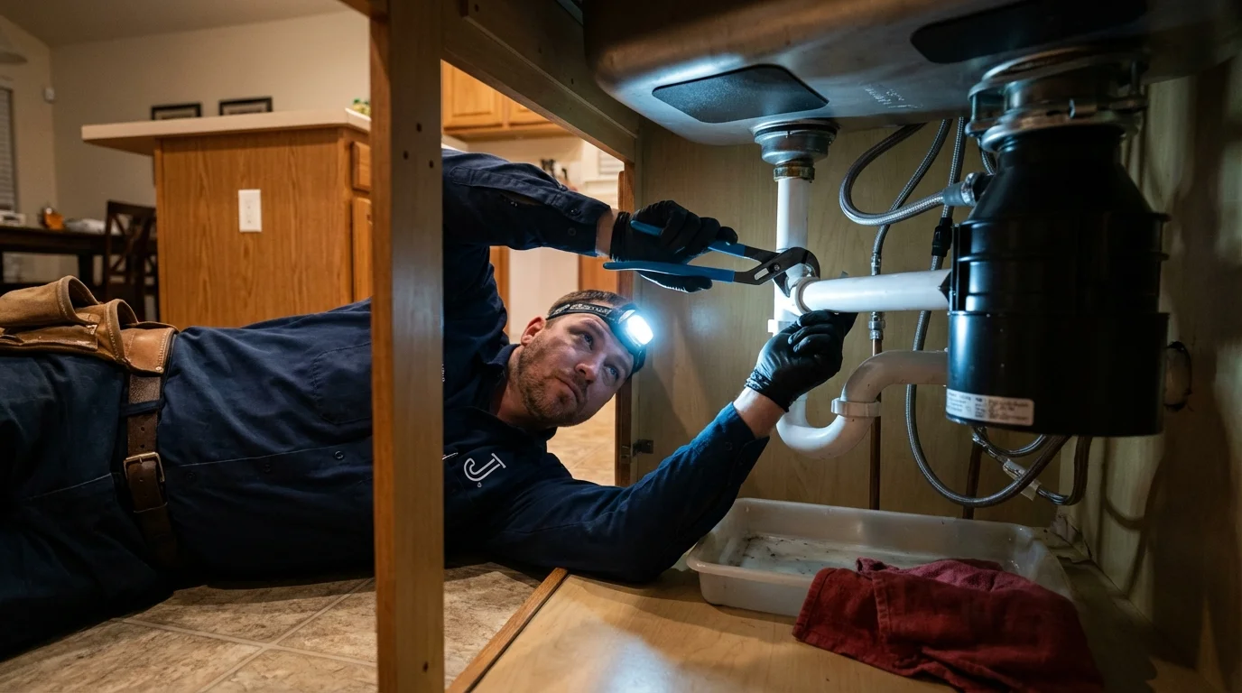 P-trap and supply line connections under a kitchen sink showing a common leak point in Lake City, SC